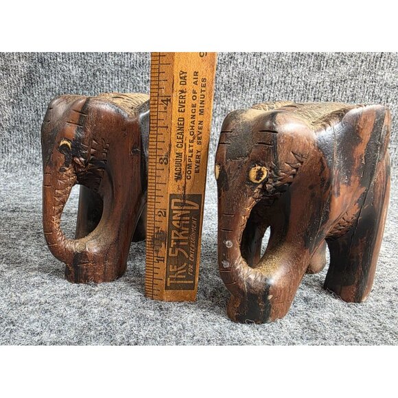 Vtg Hand Carved Wooden Elephant Figurines Set Of 2 Rustic Home Decor - Picture 2 of 9